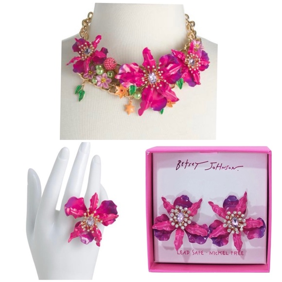 Betsey Johnson Jewelry - BETSEY JOHNSON SET Pink & Purple Ombré Orchid Earrings Necklace & Ring NEW NWT
